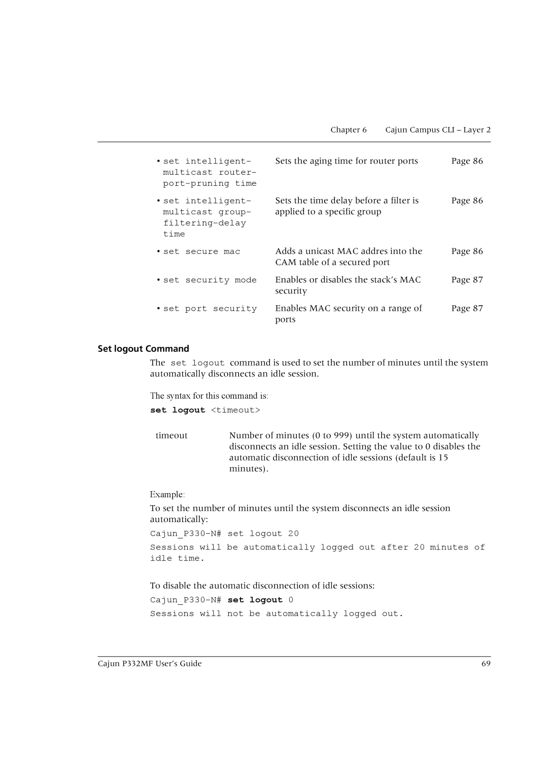 Lucent Technologies P332MF manual Set logout Command, Set logout timeout 