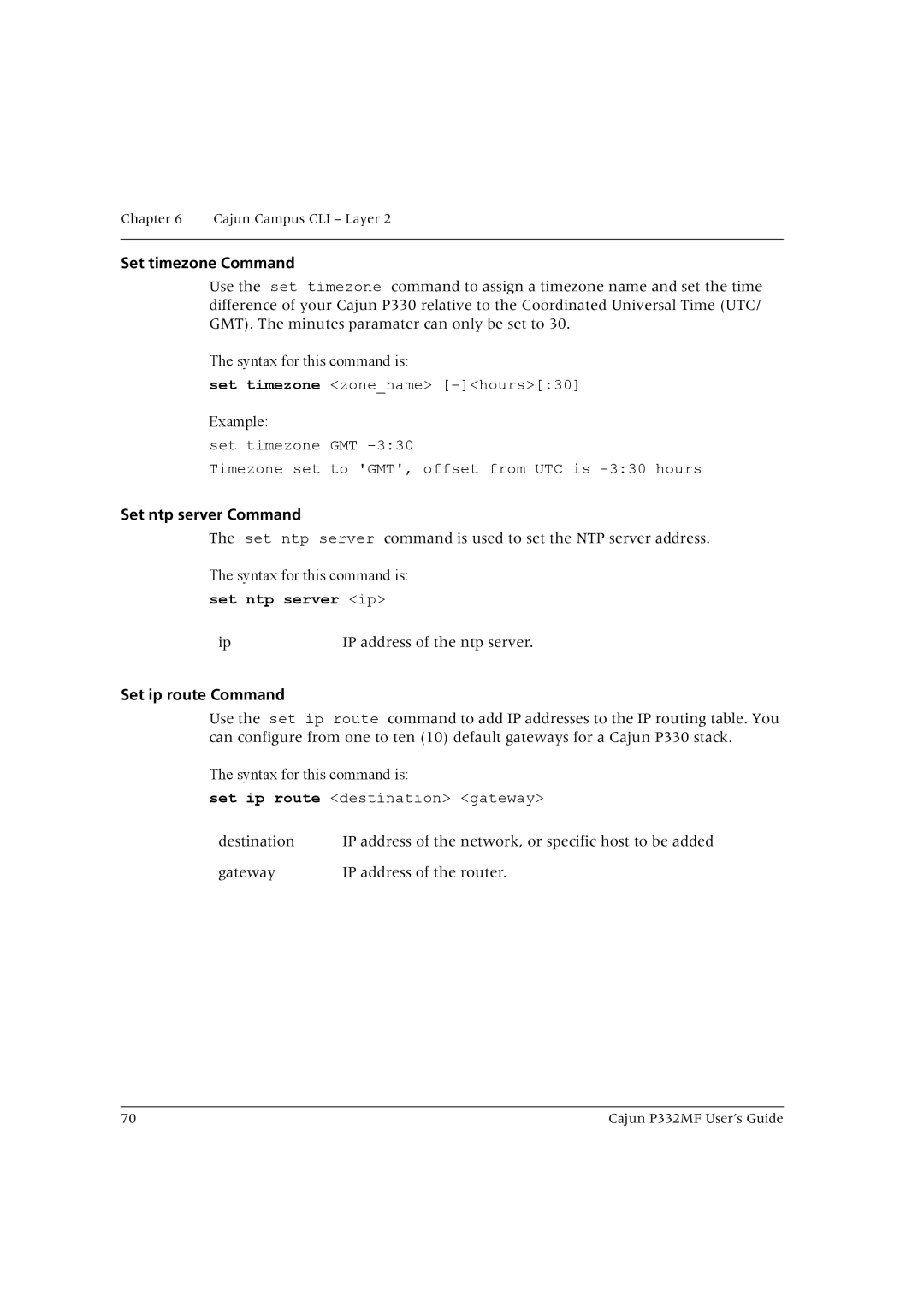 Lucent Technologies P332MF manual Set timezone Command, Set ntp server Command, Set ip route Command 