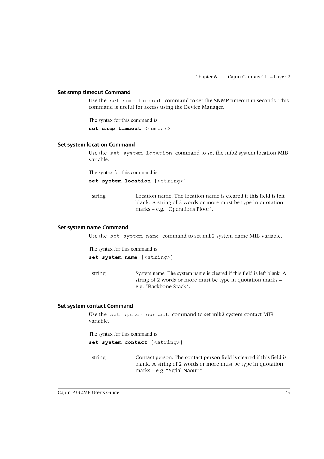 Lucent Technologies P332MF manual Set snmp timeout number, Set system location string, Set system name string 