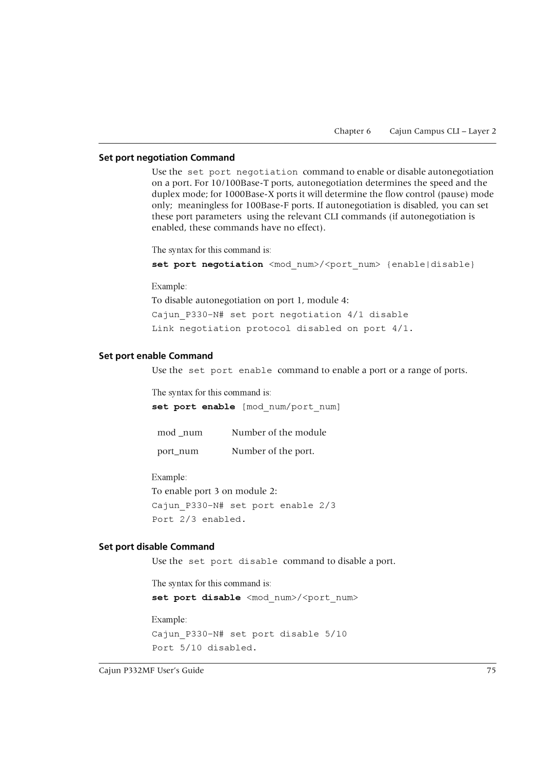 Lucent Technologies P332MF manual Set port negotiation Command, Set port enable Command, Set port disable Command 