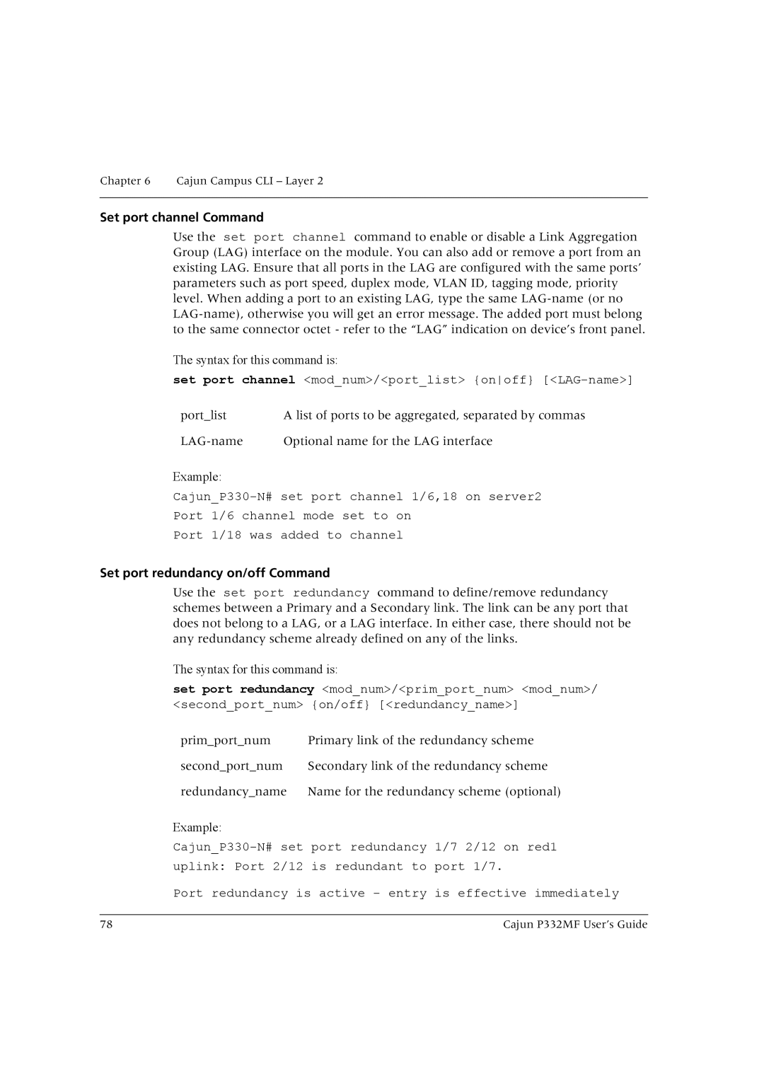 Lucent Technologies P332MF manual Set port channel Command, Set port redundancy on/off Command 