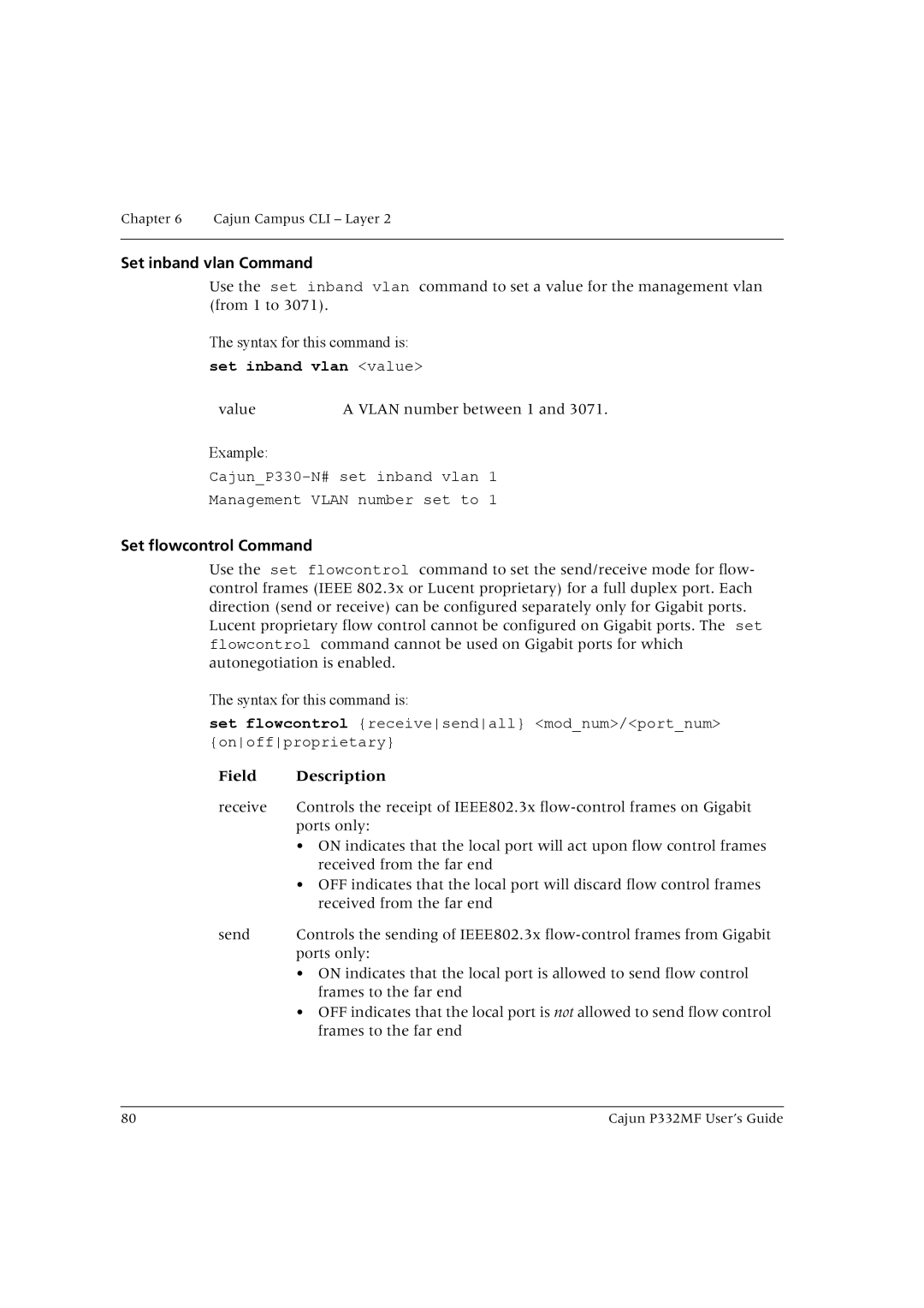 Lucent Technologies P332MF manual Set inband vlan Command, Set inband vlan value, Set flowcontrol Command 