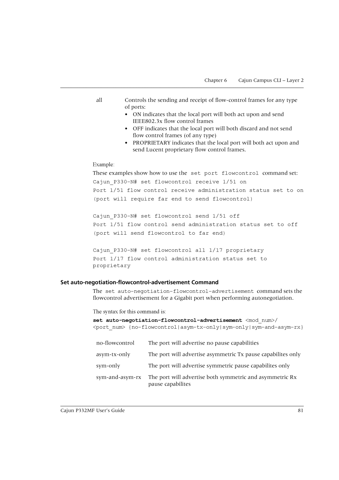 Lucent Technologies P332MF manual Set auto-negotiation-flowcontrol-advertisement Command 