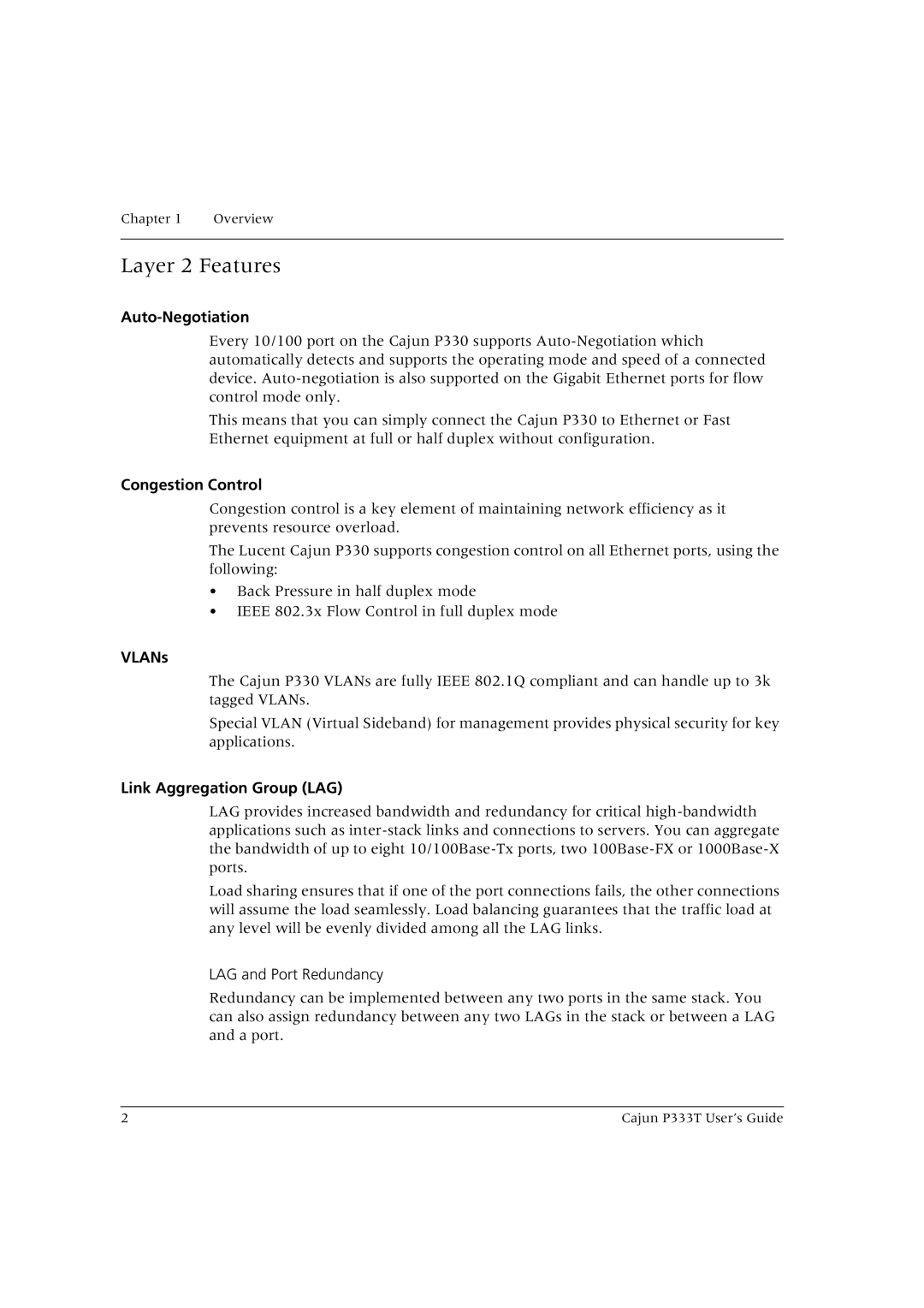 Lucent Technologies P333T manual Layer 2 Features, Auto-Negotiation, Congestion Control, VLANs, Link Aggregation Group LAG 