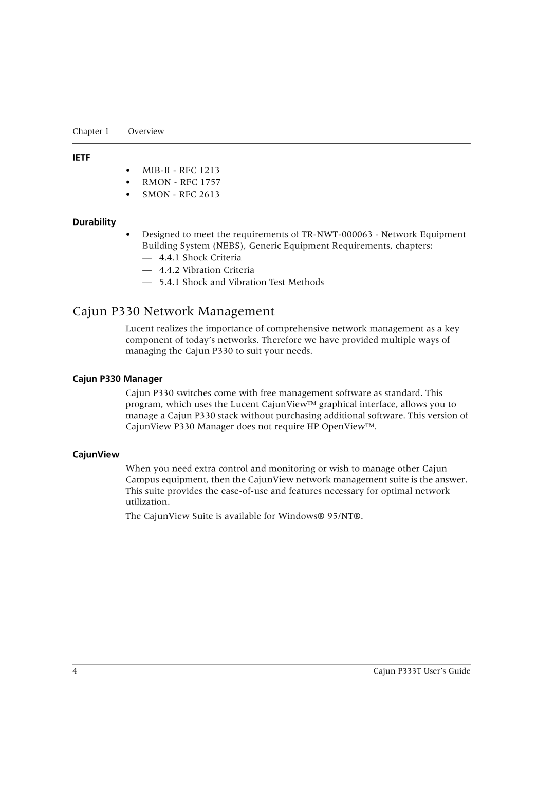 Lucent Technologies P333T manual Cajun P330 Network Management, Durability, Cajun P330 Manager, CajunView 