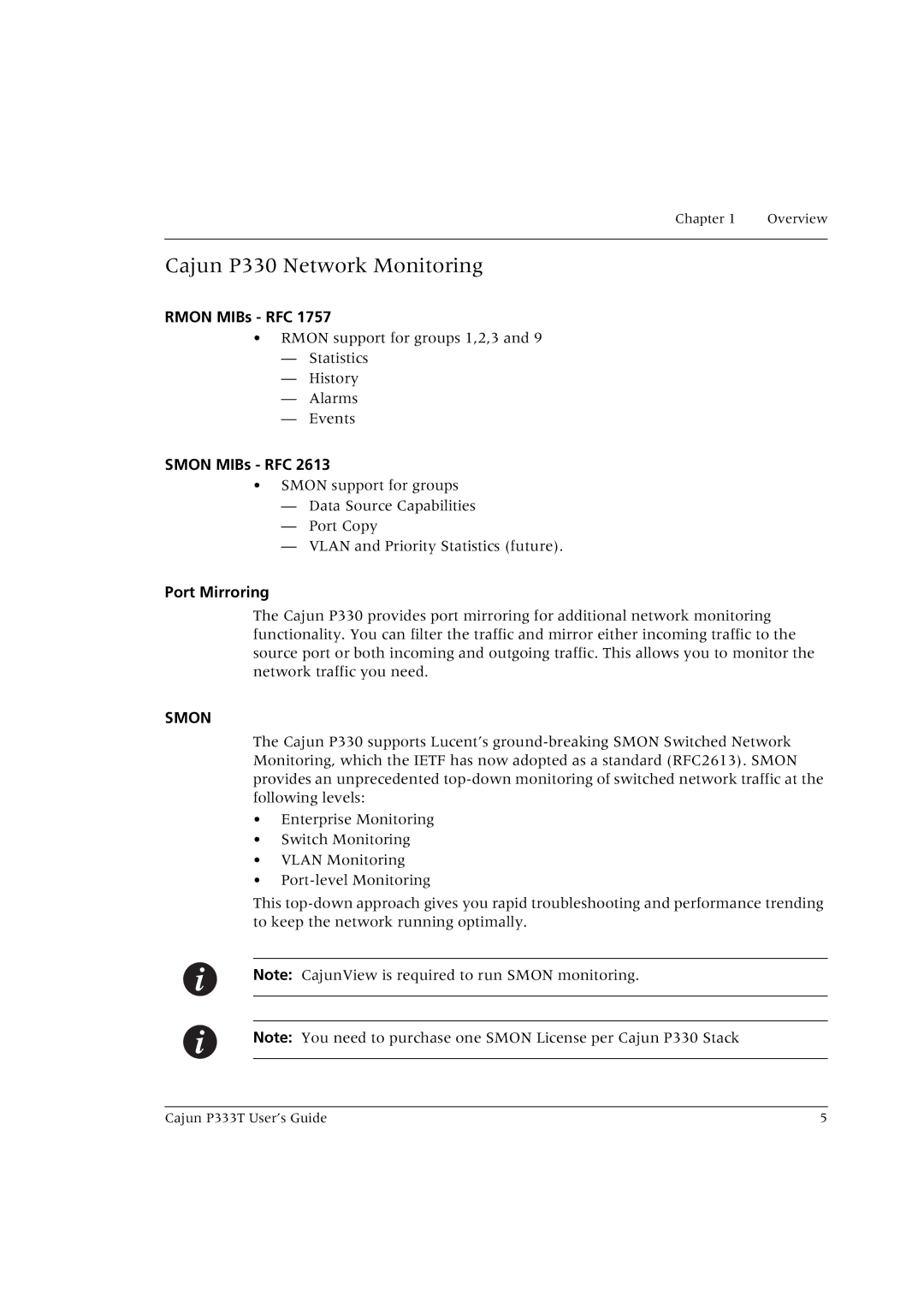 Lucent Technologies P333T manual Cajun P330 Network Monitoring, Rmon MIBs RFC, Smon MIBs RFC, Port Mirroring 