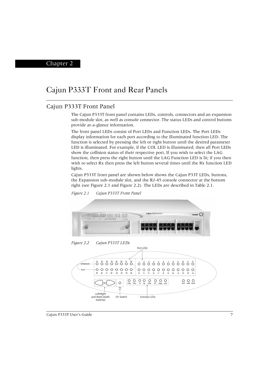 Lucent Technologies manual Cajun P333T Front and Rear Panels, Cajun P333T Front Panel 