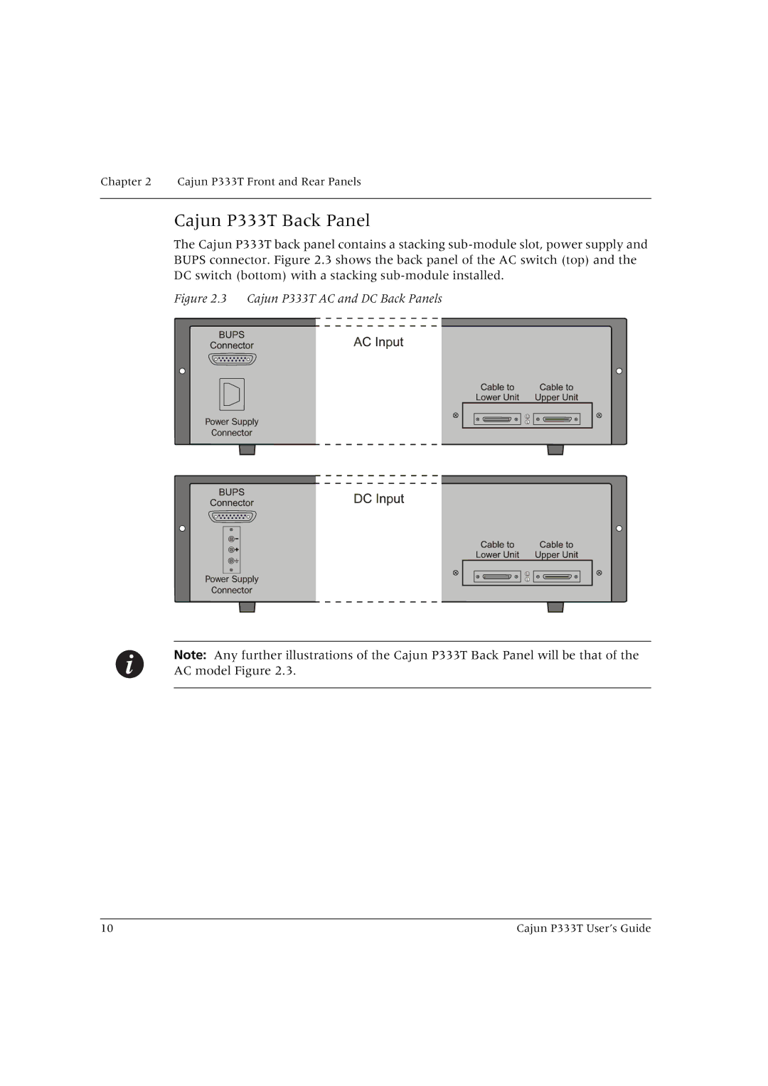 Lucent Technologies manual Cajun P333T Back Panel, Cajun P333T AC and DC Back Panels 