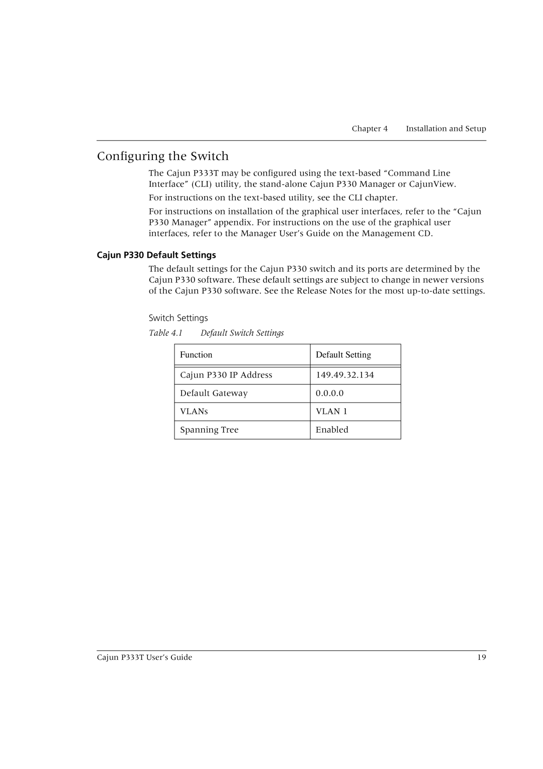 Lucent Technologies P333T manual Configuring the Switch, Cajun P330 Default Settings 