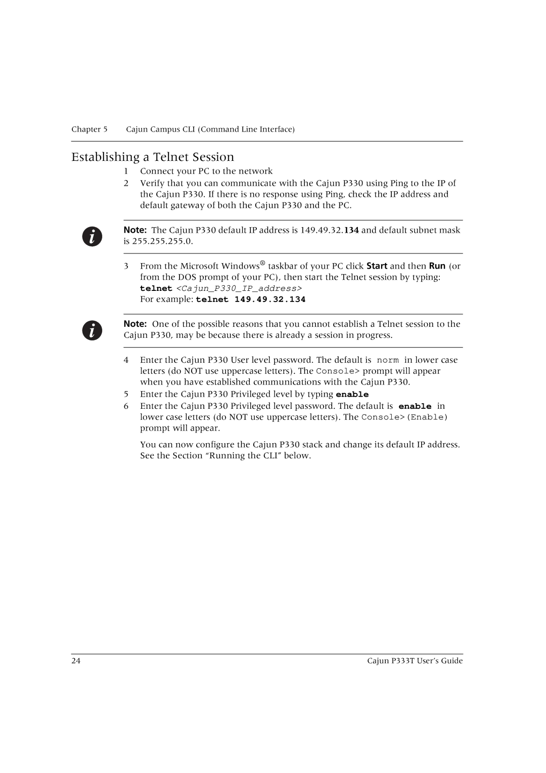 Lucent Technologies P333T manual Establishing a Telnet Session, For example telnet 