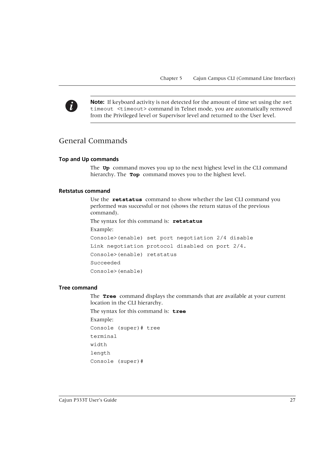 Lucent Technologies P333T manual General Commands, Top and Up commands, Retstatus command, Tree command 