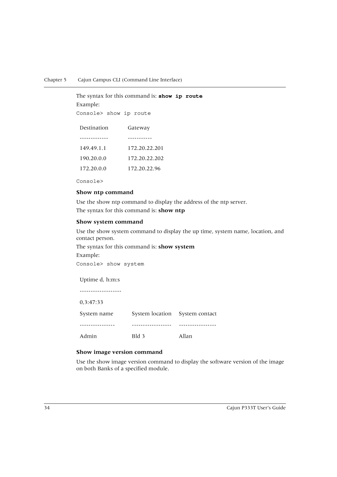 Lucent Technologies P333T manual Show ntp command, Show system command, Show image version command 