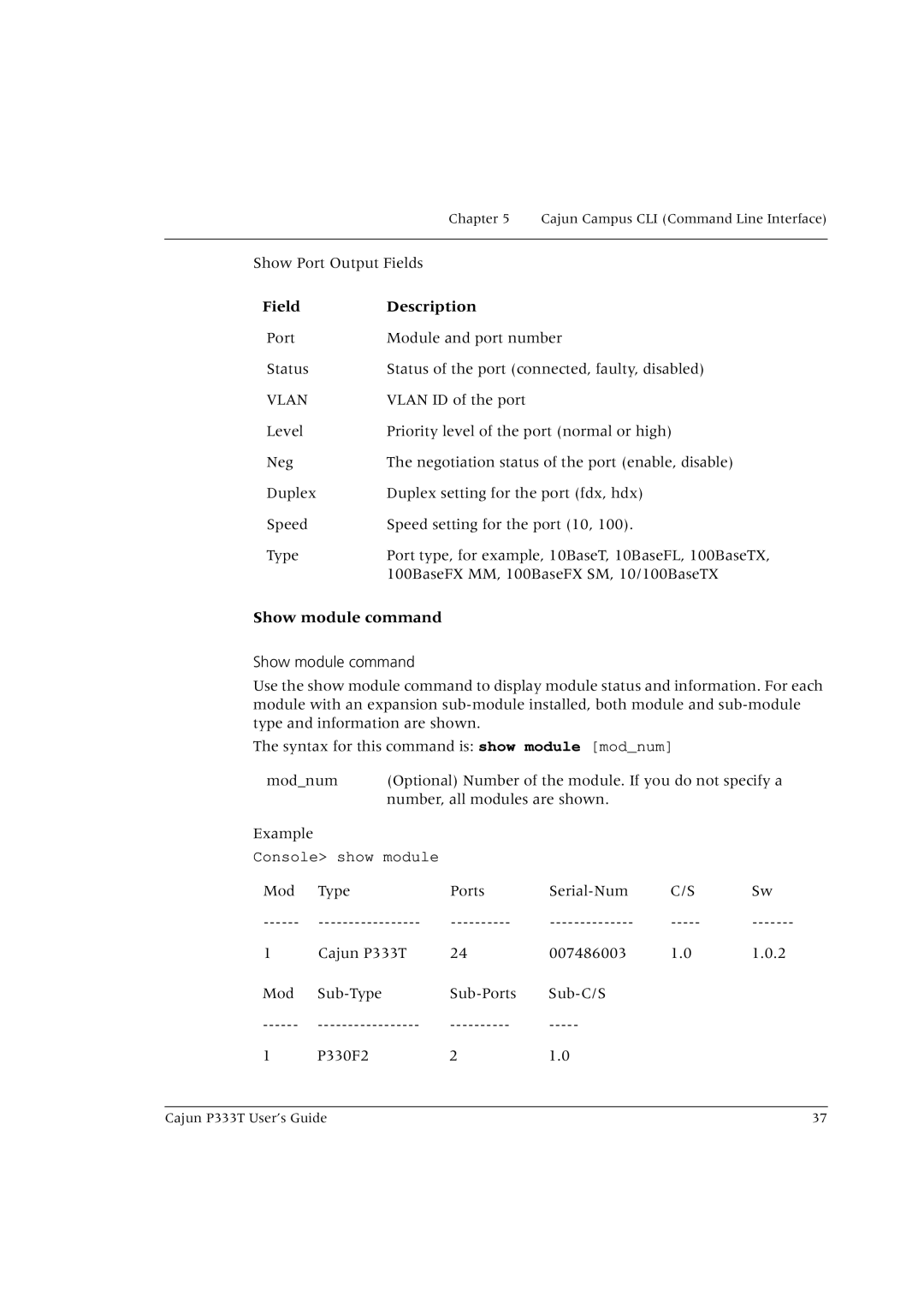 Lucent Technologies P333T manual Field Description, Show module command 