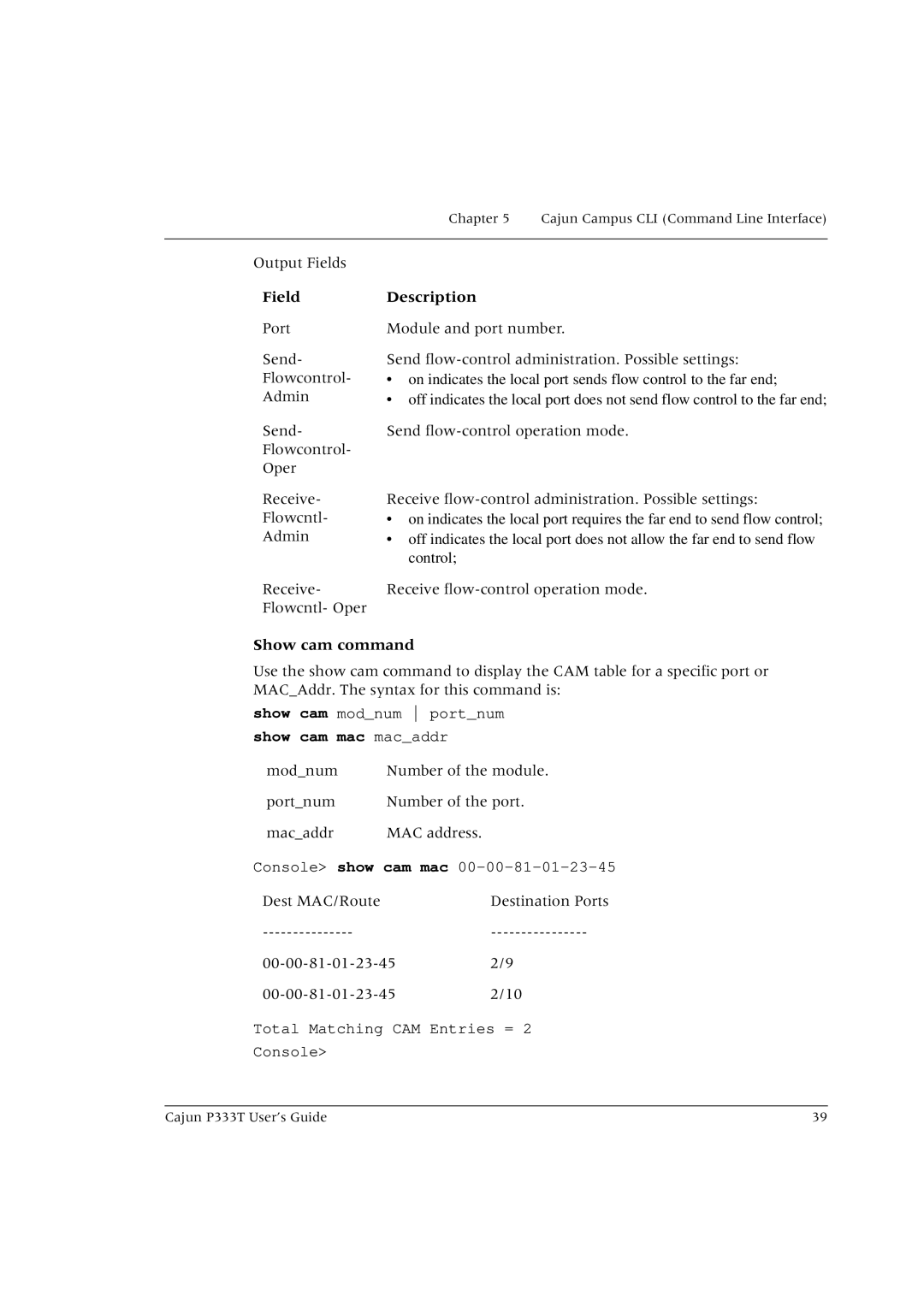 Lucent Technologies P333T manual Field, Show cam command 