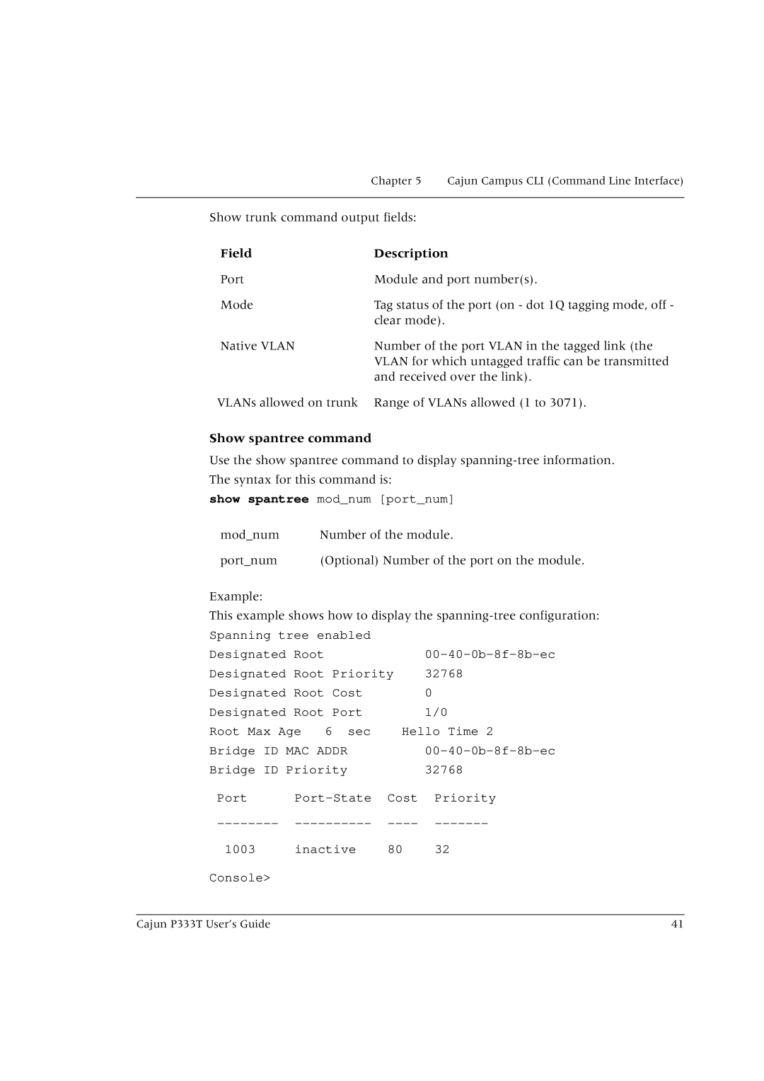 Lucent Technologies P333T manual Field Description, Show spantree command 