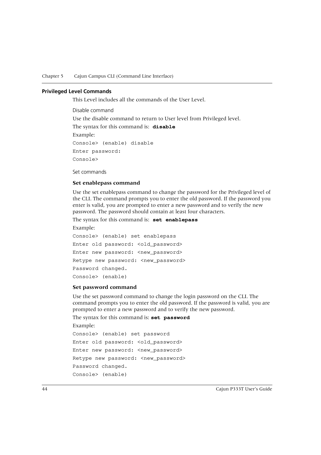 Lucent Technologies P333T manual Privileged Level Commands, Disable command, Set commands, Set enablepass command 