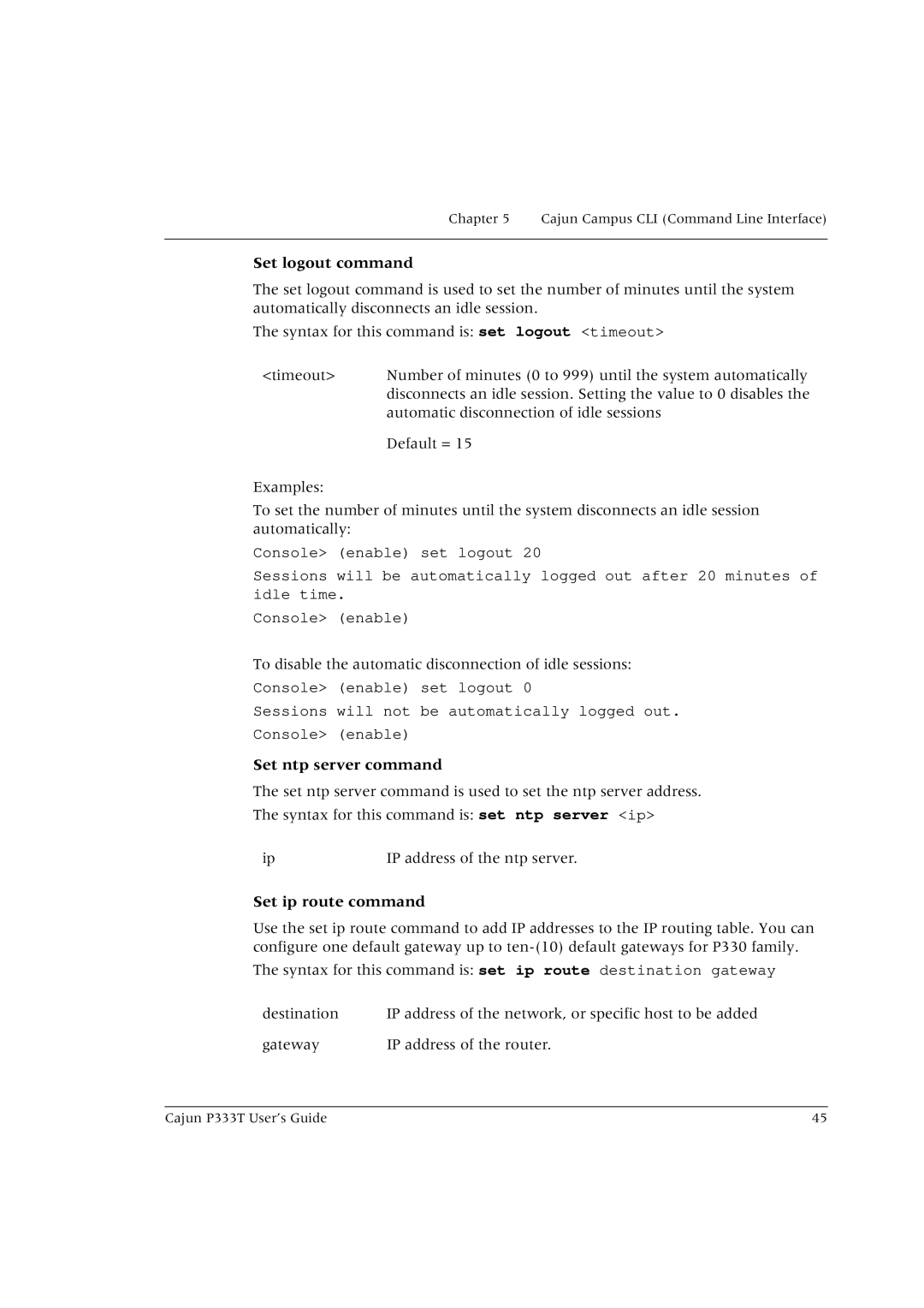 Lucent Technologies P333T manual Set logout command, Set ntp server command, Set ip route command 