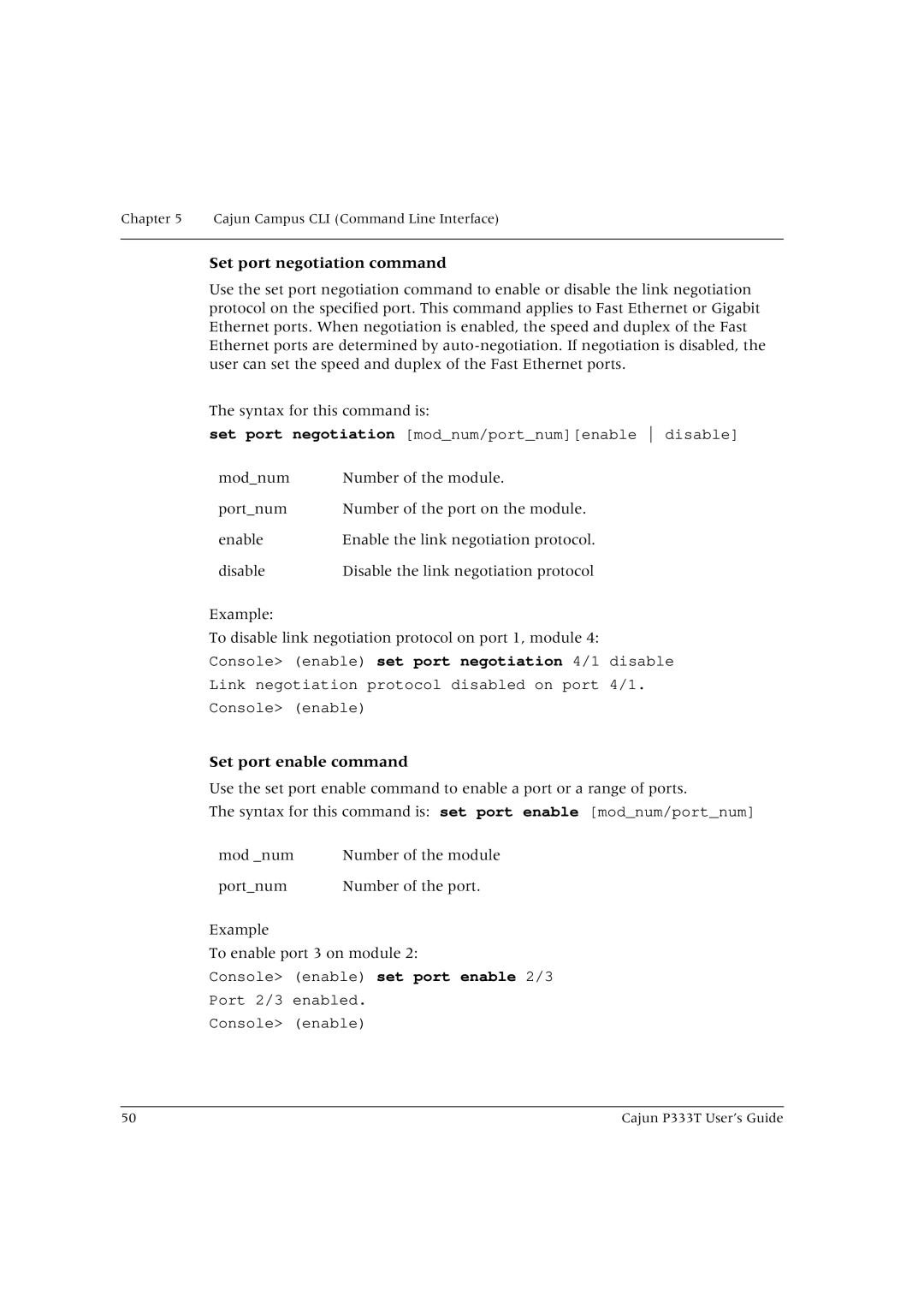 Lucent Technologies P333T manual Set port negotiation command, Set port enable command 