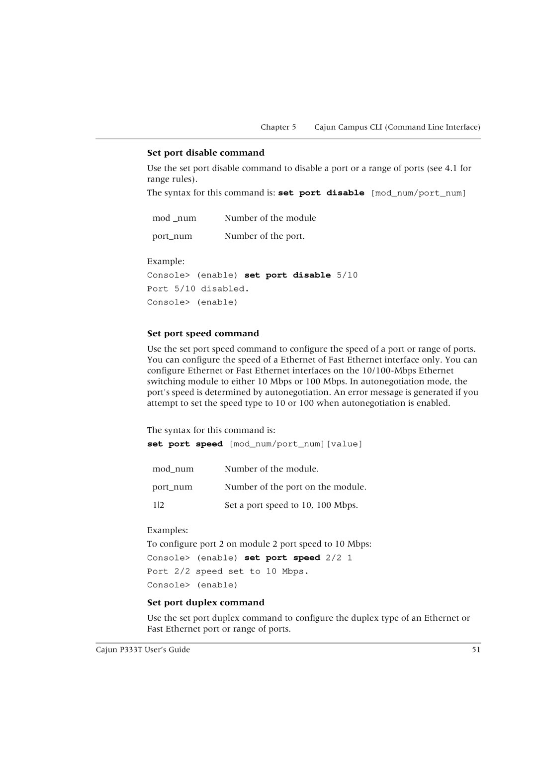 Lucent Technologies P333T manual Set port disable command, Set port speed command, Set port duplex command 