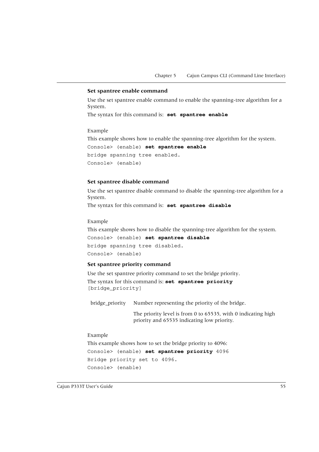 Lucent Technologies P333T manual Set spantree enable command, Set spantree disable command, Set spantree priority command 