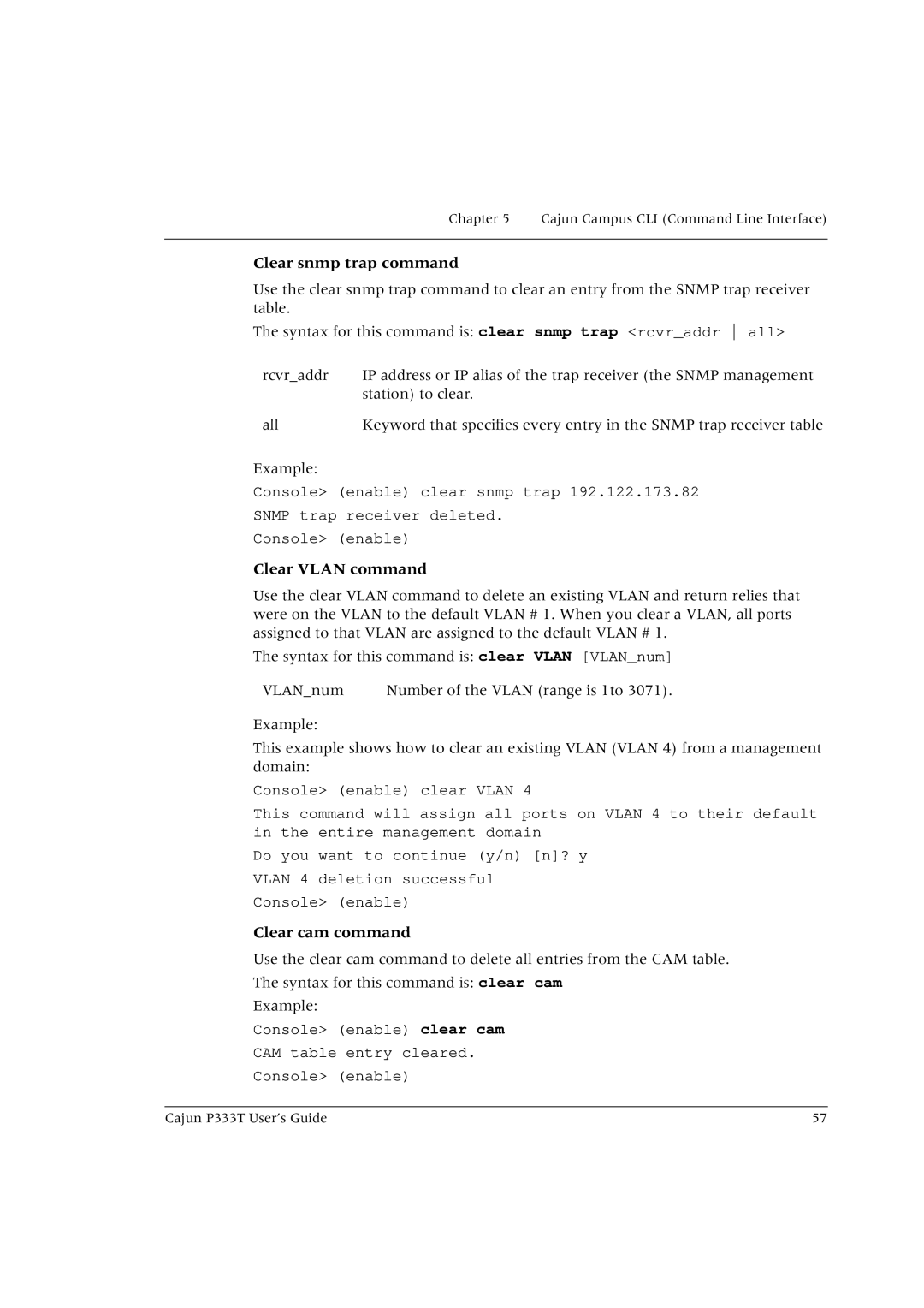 Lucent Technologies P333T manual Clear snmp trap command, Clear Vlan command, Clear cam command 