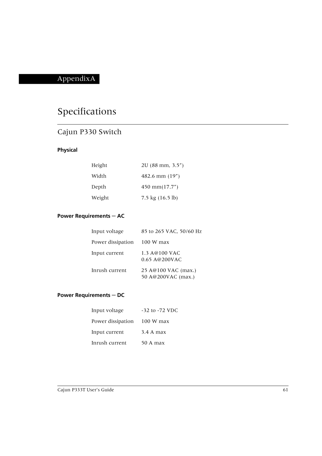 Lucent Technologies P333T manual Specifications, Cajun P330 Switch, Physical, Power Requirements AC, Power Requirements DC 