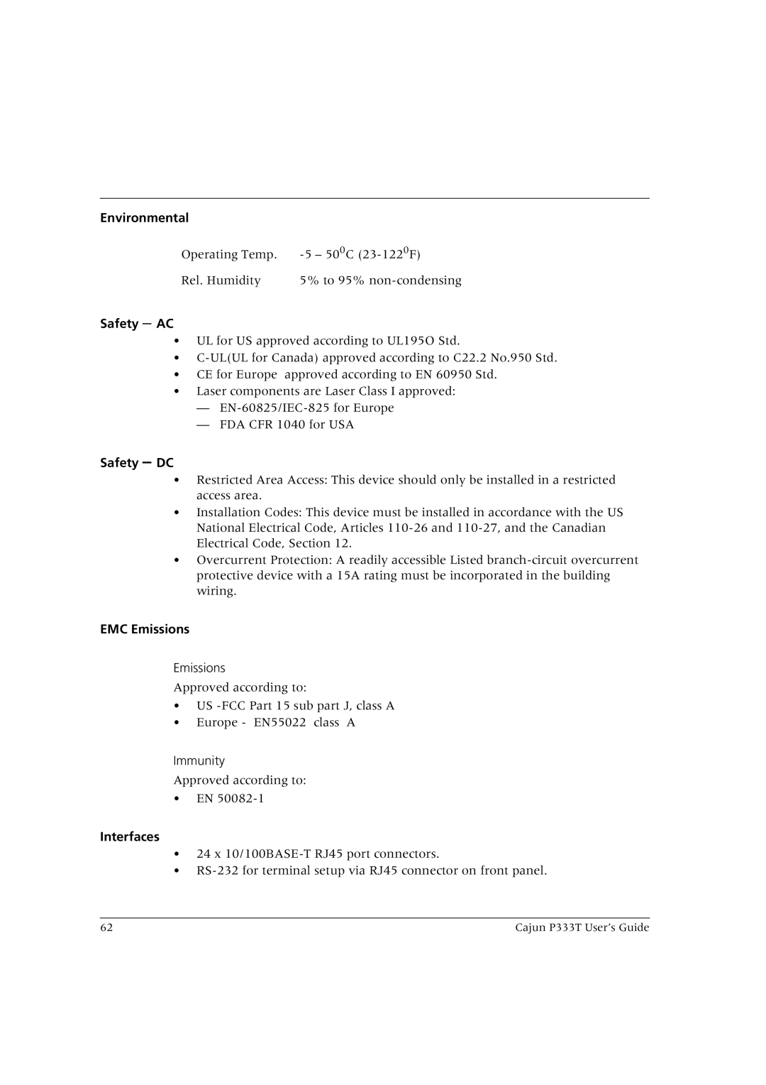 Lucent Technologies P333T manual Environmental, Safety AC, Safety DC, EMC Emissions, Interfaces 