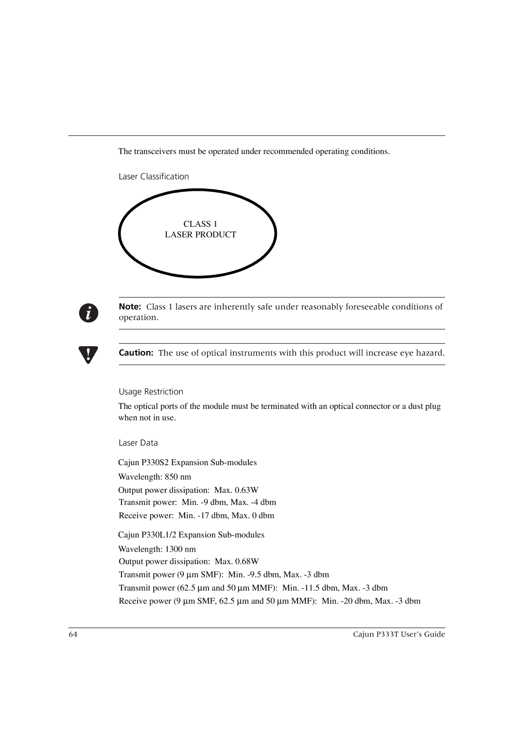 Lucent Technologies P333T manual Laser Classification, Usage Restriction, Laser Data 