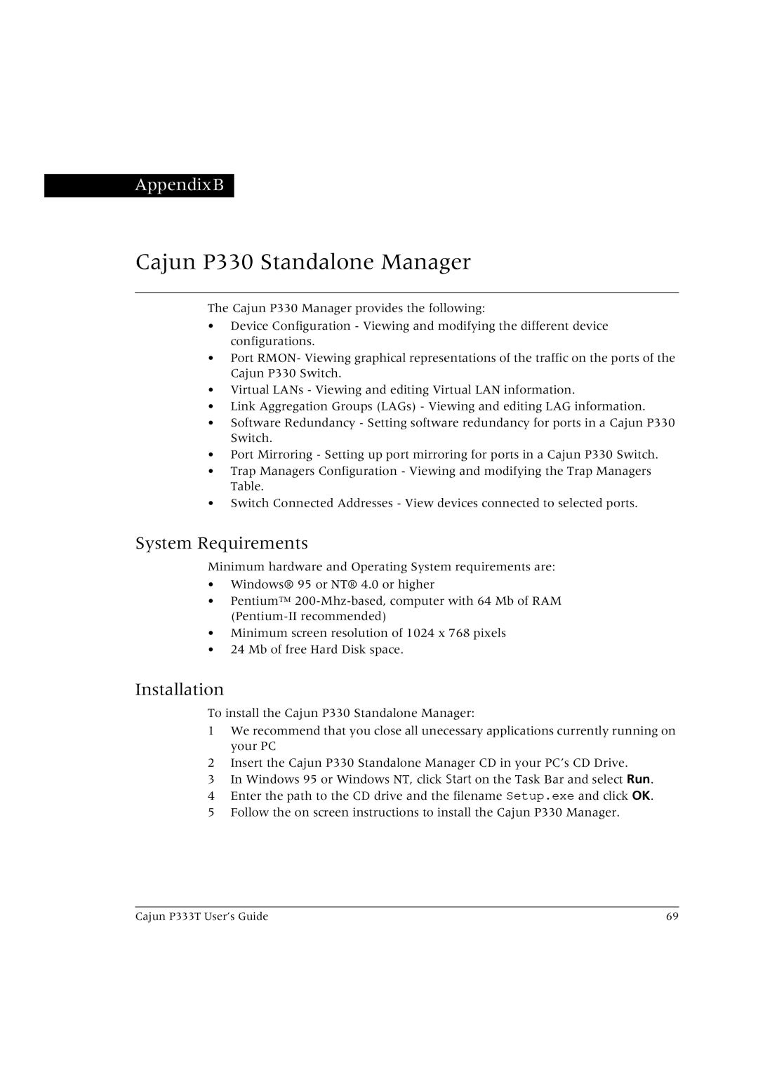 Lucent Technologies P333T manual Cajun P330 Standalone Manager, System Requirements, Installation 