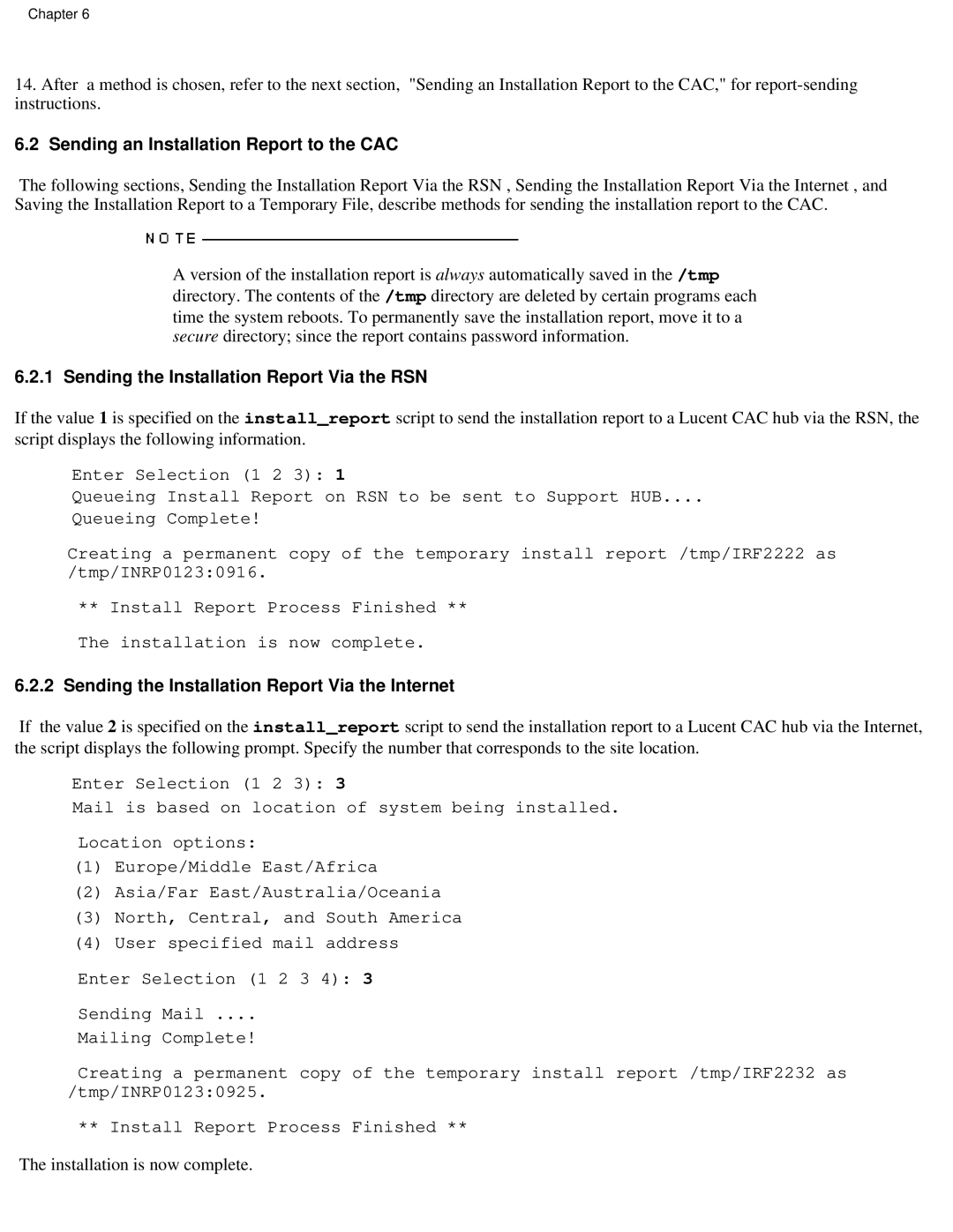 Lucent Technologies PA-8500 manual Sending an Installation Report to the CAC 