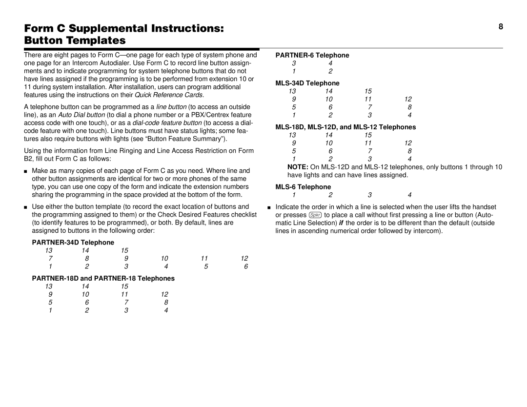 Lucent Technologies partner advanced communications system manual Form C Supplemental Instructions Button Templates 