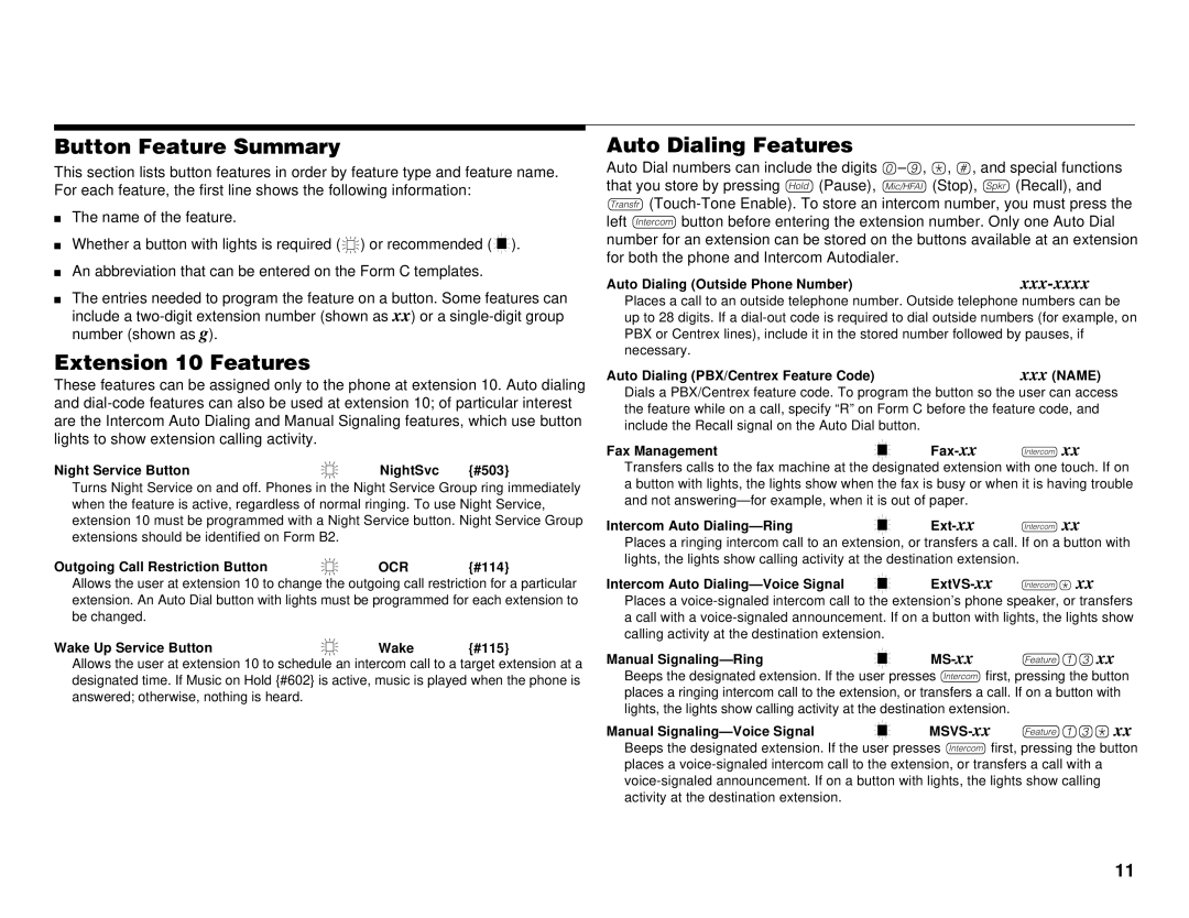 Lucent Technologies partner advanced communications system manual Button Feature Summary, Extension 10 Features 