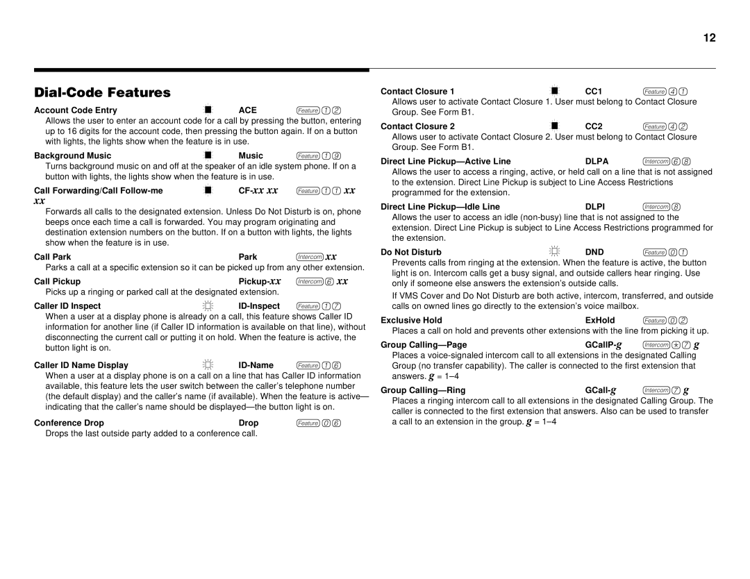 Lucent Technologies partner advanced communications system manual Dial-Code Features, Account Code Entry ACEf12 