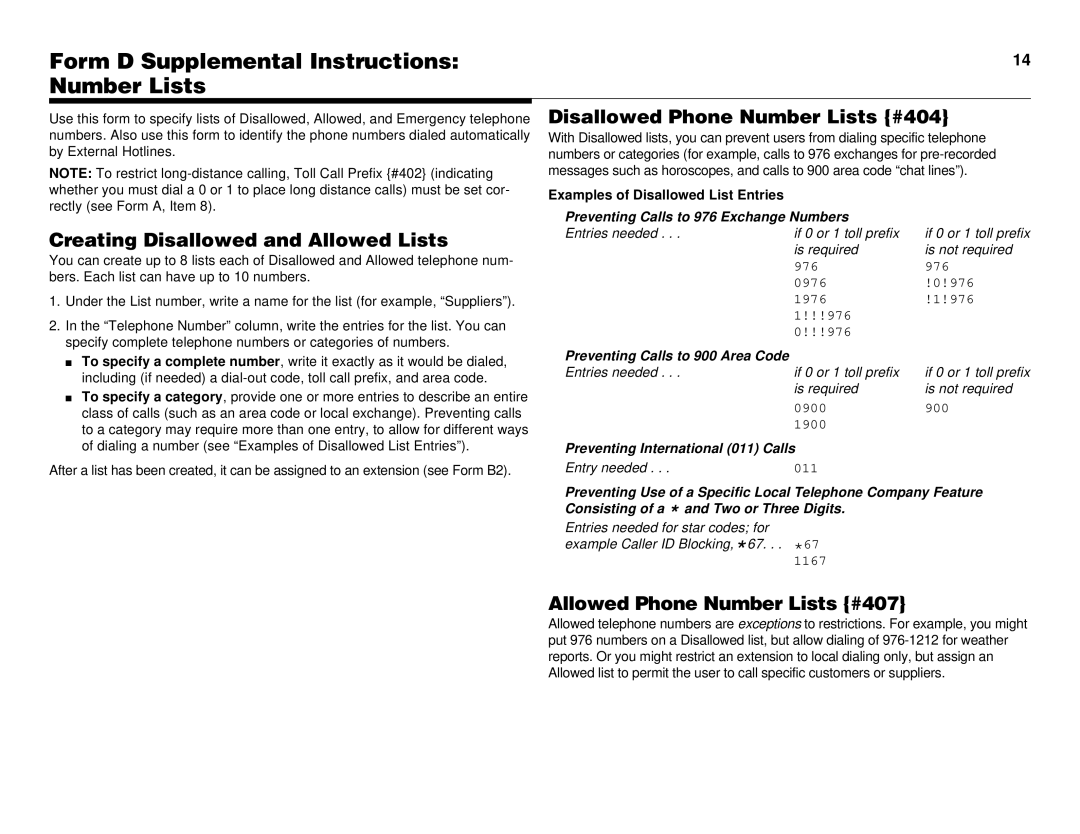 Lucent Technologies partner advanced communications system manual Form D Supplemental Instructions Number Lists 