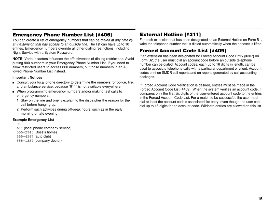 Lucent Technologies partner advanced communications system manual Emergency Phone Number List #406, External Hotline #311 