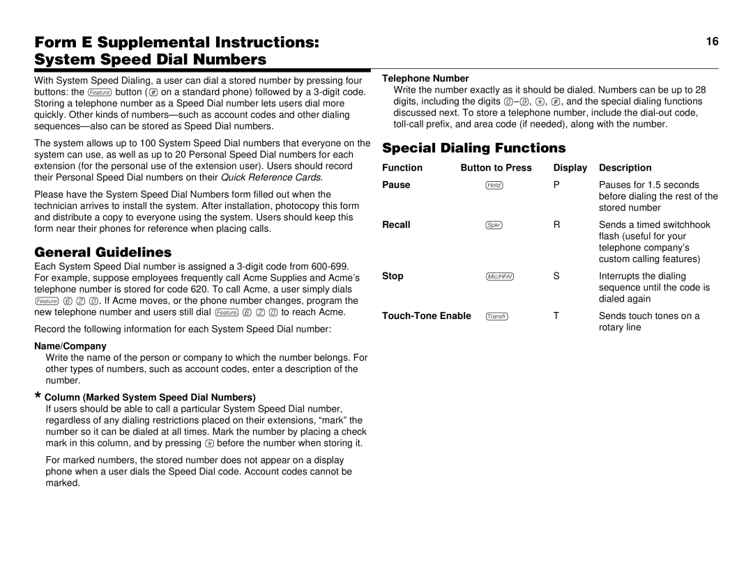 Lucent Technologies partner advanced communications system Form E Supplemental Instructions System Speed Dial Numbers 