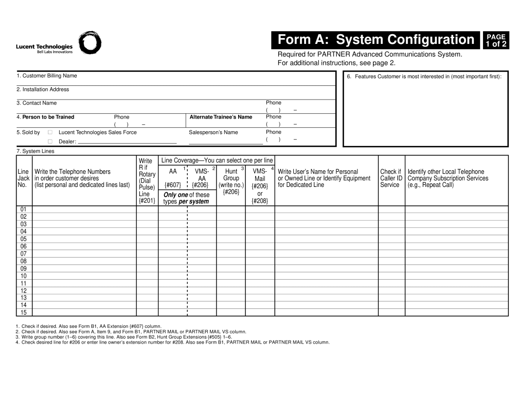 Lucent Technologies partner advanced communications system manual Form a System Configuration, Alternate Trainee’s Name 