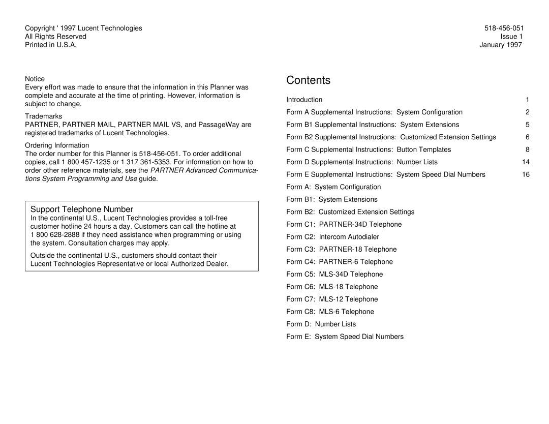 Lucent Technologies partner advanced communications system manual Contents 