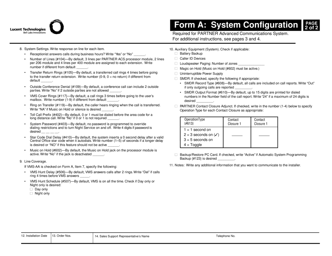 Lucent Technologies partner advanced communications system manual = 1 second on = 3 seconds on = 5 seconds on = Toggle 