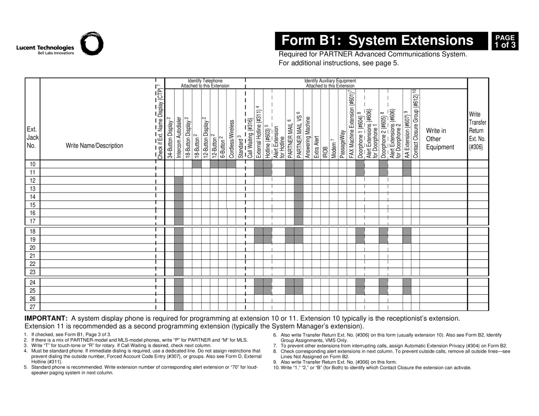 Lucent Technologies partner advanced communications system manual Form B1 System Extensions, Alert Extensions #606 