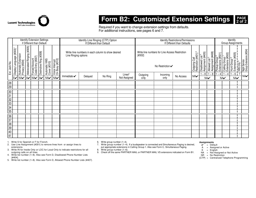 Lucent Technologies partner advanced communications system Form B2 Customized Extension Settings, Distinctive Ring #308 