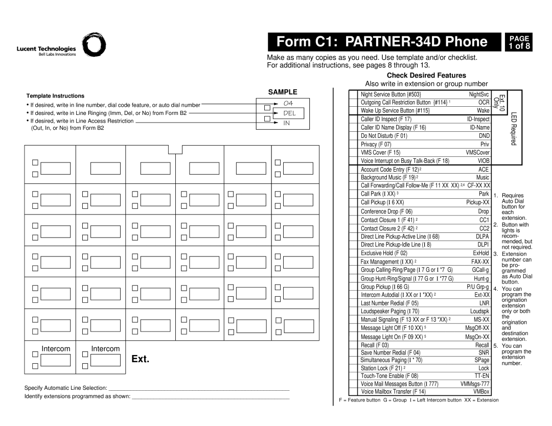 Lucent Technologies partner advanced communications system manual Form C1 PARTNER-34D Phone, Ext, Check Desired Features 