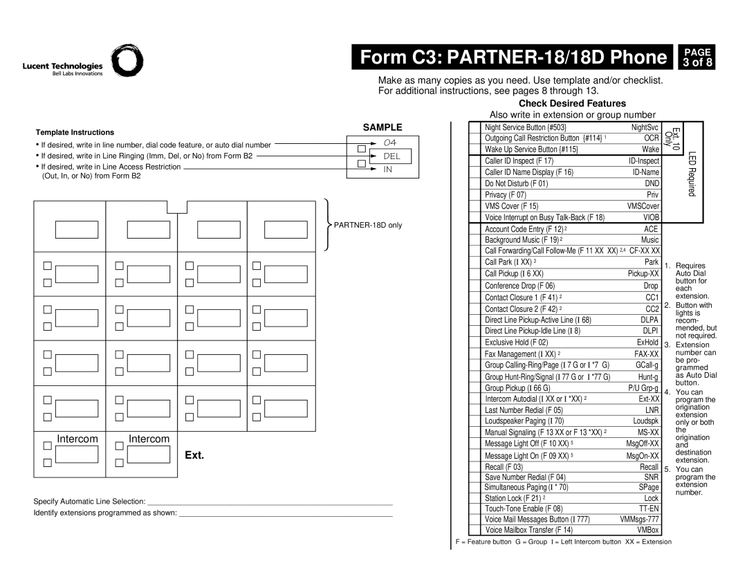 Lucent Technologies partner advanced communications system manual Form C3 PARTNER-18/18D Phone, Ext 