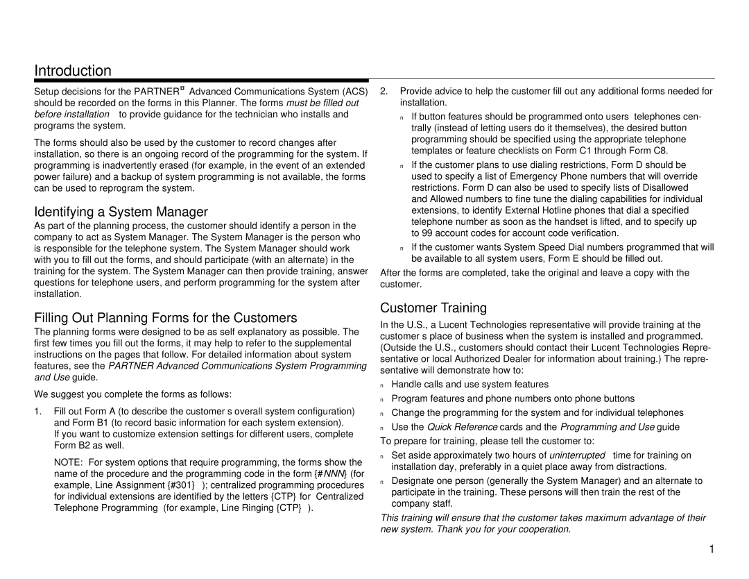 Lucent Technologies partner advanced communications system Introduction, Identifying a System Manager, Customer Training 