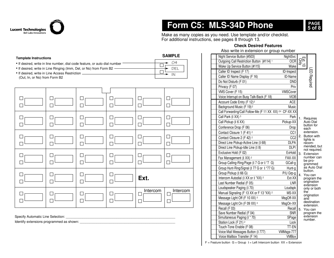 Lucent Technologies partner advanced communications system manual Form C5 MLS-34D Phone, Ext 