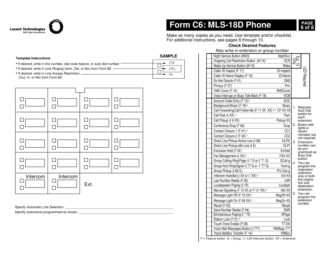 Lucent Technologies partner advanced communications system manual Form C6 MLS-18D Phone, Intercom Ext 