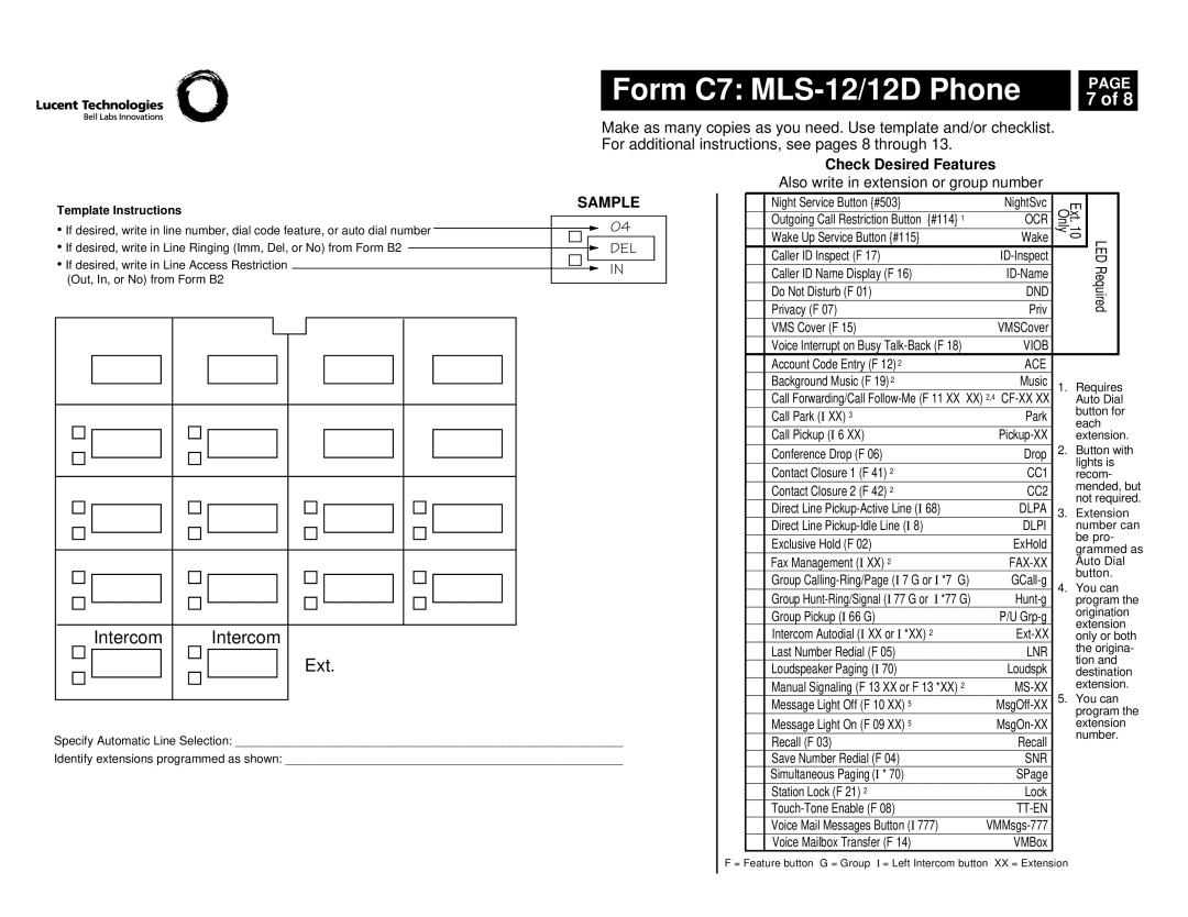 Lucent Technologies partner advanced communications system manual Form C7 MLS-12/12D Phone 