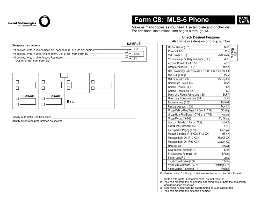 Lucent Technologies partner advanced communications system manual Form C8 MLS-6 Phone 