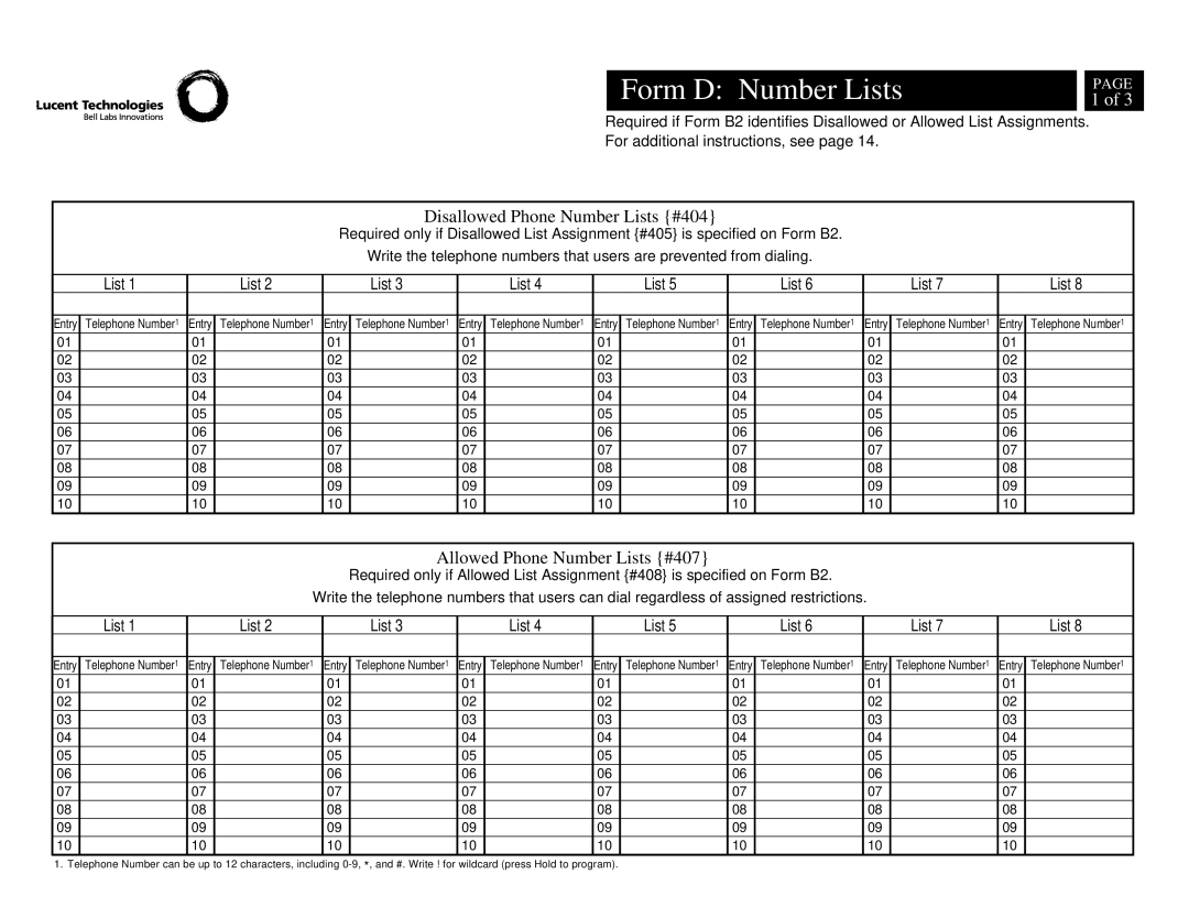 Lucent Technologies partner advanced communications system manual Form D Number Lists, Disallowed Phone Number Lists #404 