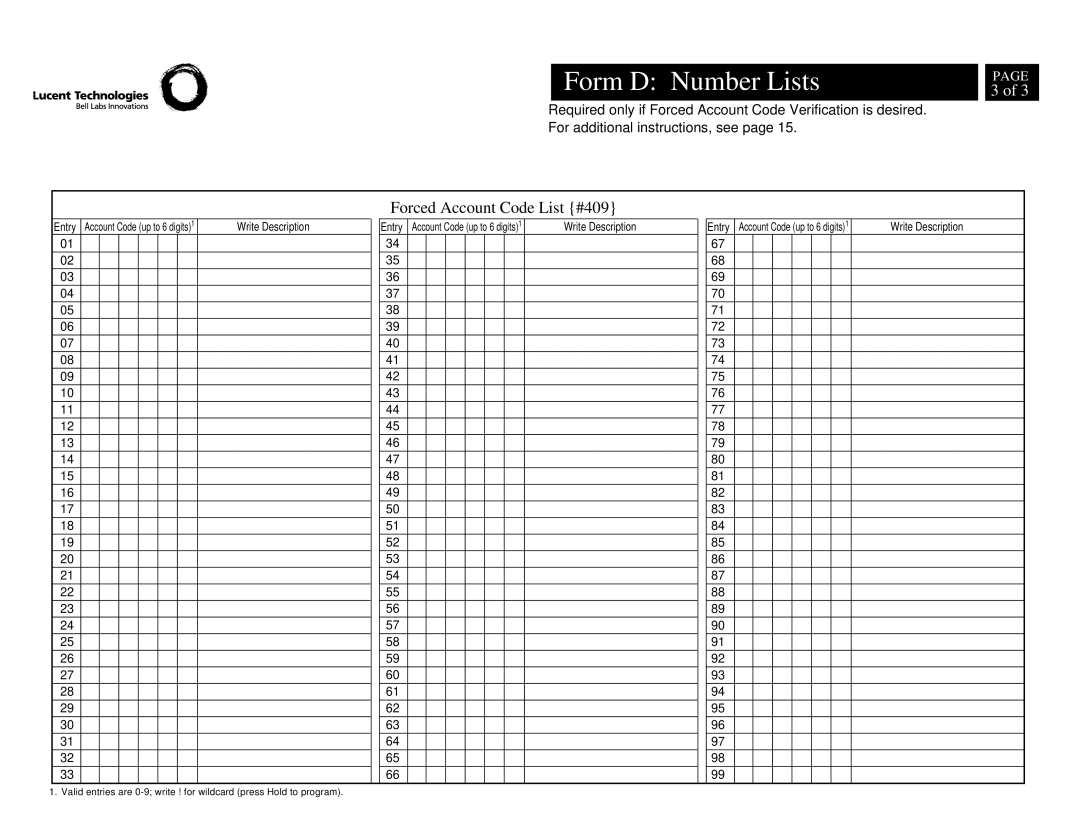 Lucent Technologies partner advanced communications system manual Forced Account Code List #409 